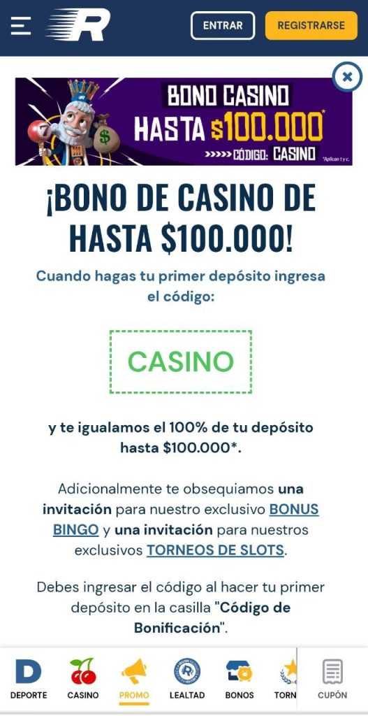 Alt: Bono de casino de hasta $100000 COP. Rushbet