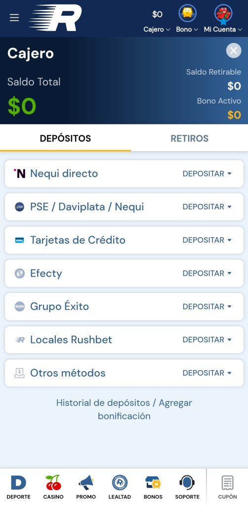 Depósitos Rushbet App