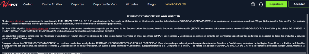 Winpot México Términos Condiciones