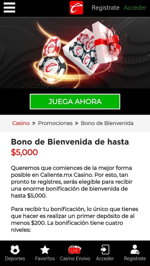 Bono de depósito de hasta $5000 MXN. Caliente