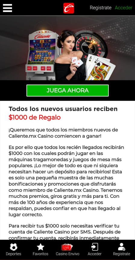 Bono gratis Caliente Casino móvil