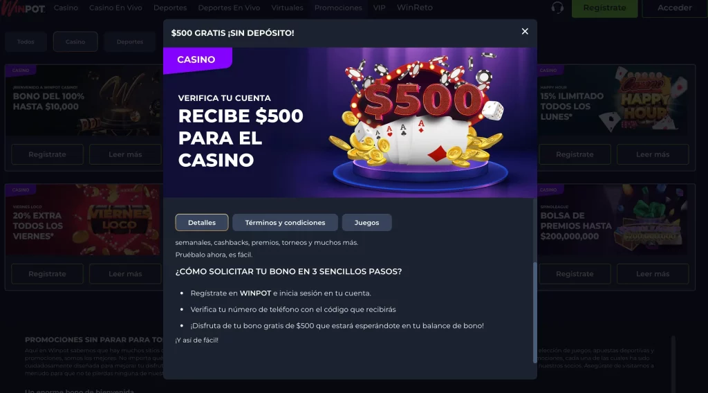 $500 MXN para el Casino. Winpot