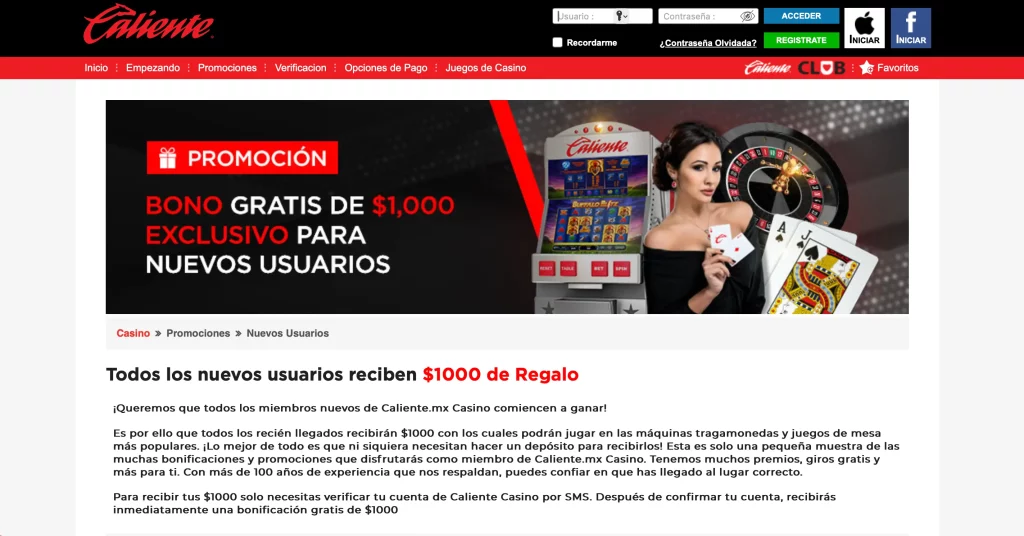 $1,000 MXN sin depósito. Caliente