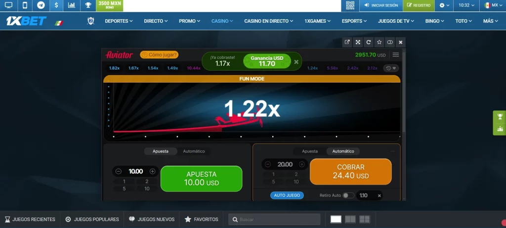 Aviator en 1xBet, modo demo