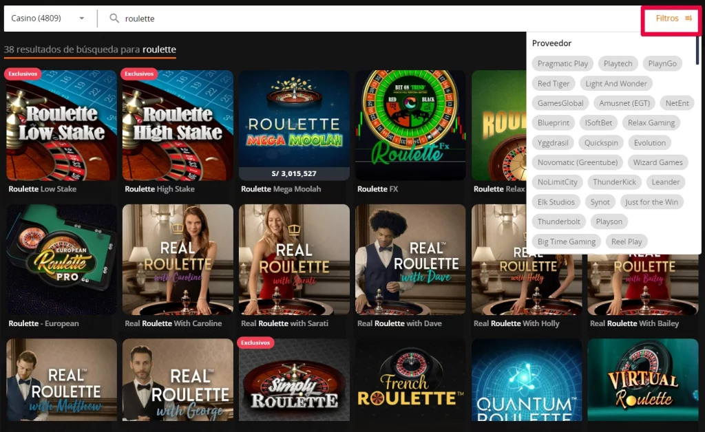 Opciones de ruleta online con búsqueda por proveedores