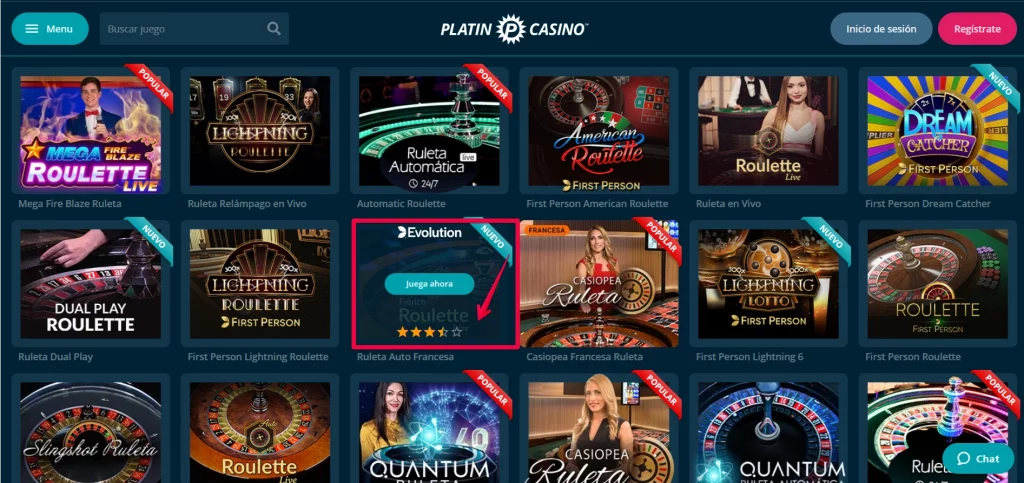 El ranking de un juego, Platin Casino