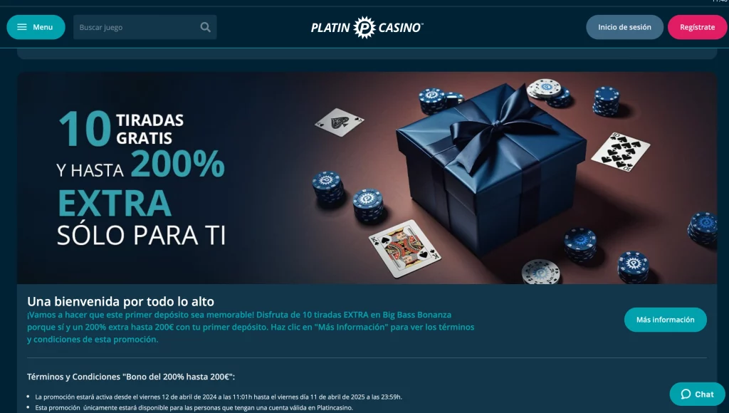 Página Promociones. Platin Casino