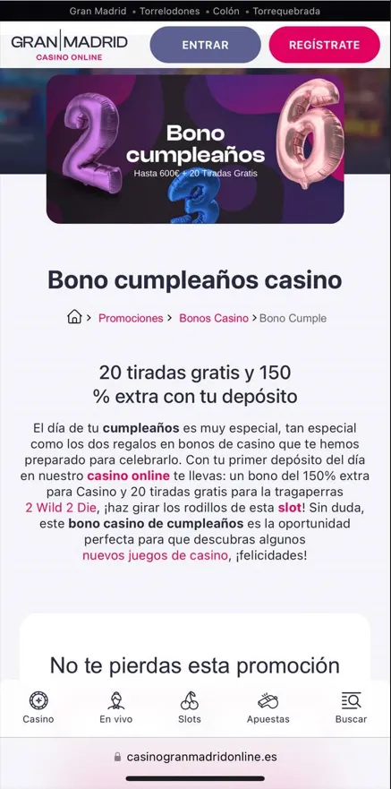 Bono cumple, Casino Gran Madrid